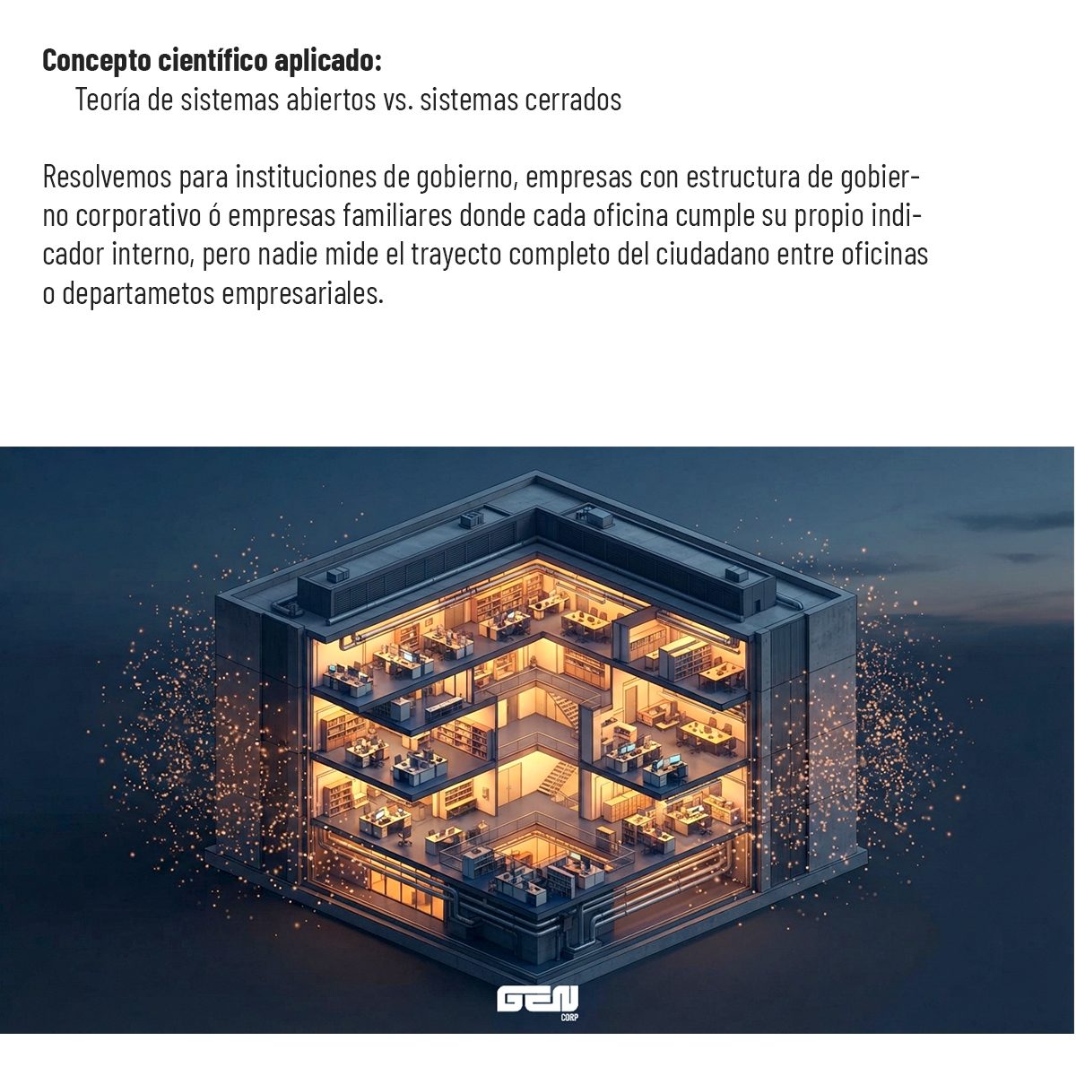 Concepto científico aplicado: teoría de sistemas abiertos frente a sistemas cerrados. Resolvemos para instituciones de gobierno, empresas con estructura de gobierno corporativo o empresas familiares donde cada oficina cumple su propio indicador interno, pero nadie mide el trayecto completo del ciudadano entre oficinas o departamentos empresariales.