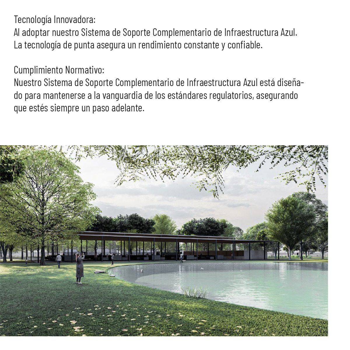 Tecnología innovadora: al adoptar nuestro Sistema de Soporte Complementario de Infraestructura Azul, la tecnología de punta asegura un rendimiento constante y confiable. Cumplimiento normativo: el sistema está diseñado para mantenerse a la vanguardia de los estándares regulatorios. En imagen, un espejo de agua y una zona de estancia en un parque.