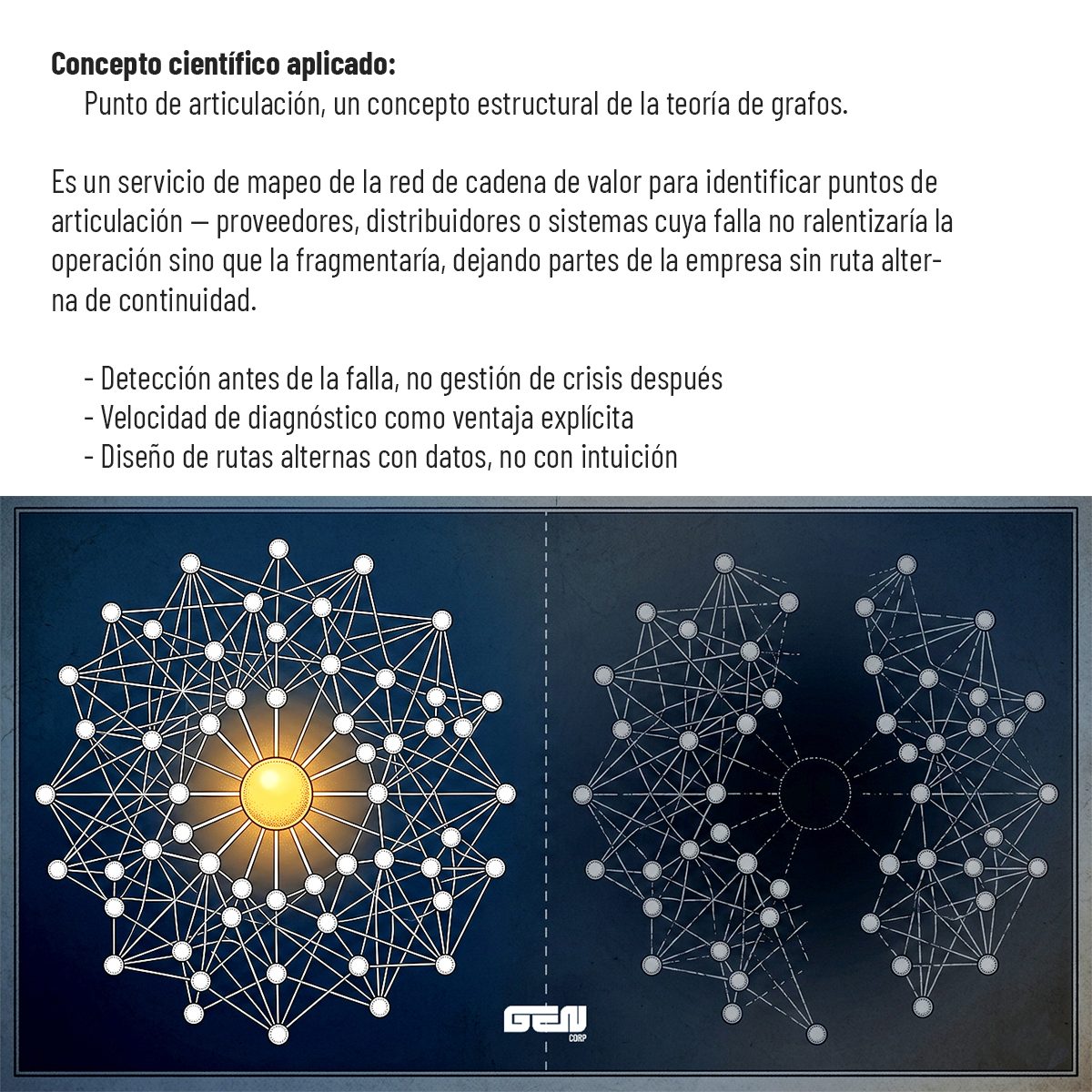 Concepto científico aplicado: punto de articulación, un concepto estructural de la teoría de grafos. Servicio de mapeo de la red de cadena de valor para identificar puntos de articulación: proveedores, distribuidores o sistemas cuya falla no ralentizaría la operación sino que la fragmentaría, dejando partes de la empresa sin ruta alterna de continuidad. Incluye detección antes de la falla en vez de gestión de crisis después, velocidad de diagnóstico como ventaja explícita y diseño de rutas alternas con datos, no con intuición.