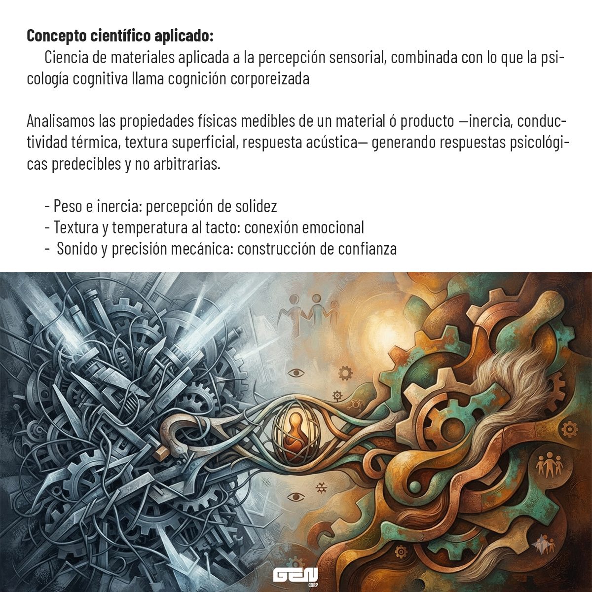 Concepto científico aplicado: ciencia de materiales aplicada a la percepción sensorial, combinada con lo que la psicología cognitiva llama cognición corporeizada. Analizamos las propiedades físicas medibles de un material o producto —inercia, conductividad térmica, textura superficial, respuesta acústica— generando respuestas psicológicas predecibles y no arbitrarias: peso e inercia como percepción de solidez, textura y temperatura al tacto como conexión emocional, sonido y precisión mecánica como construcción de confianza.