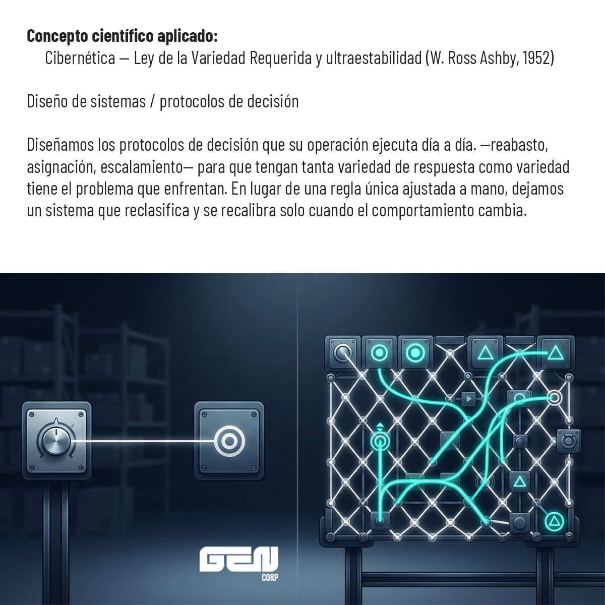 Concepto científico aplicado: cibernética, ley de la variedad requerida y ultraestabilidad (W. Ross Ashby, 1952). Diseño de sistemas y protocolos de decisión: diseñamos los protocolos que su operación ejecuta día a día —reabasto, asignación, escalamiento— para que tengan tanta variedad de respuesta como variedad tiene el problema que enfrentan. En lugar de una regla única ajustada a mano, dejamos un sistema que reclasifica y se recalibra solo cuando el comportamiento cambia.