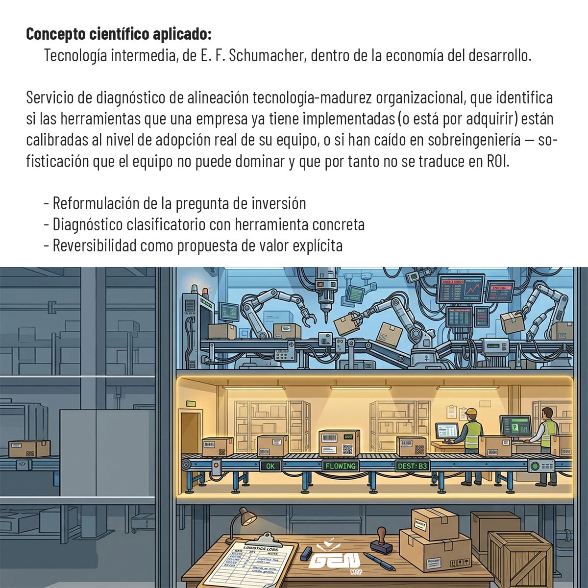 Concepto científico aplicado: tecnología intermedia, de E. F. Schumacher, dentro de la economía del desarrollo. Servicio de diagnóstico de alineación tecnología-madurez organizacional, que identifica si las herramientas que una empresa ya tiene implementadas —o está por adquirir— están calibradas al nivel de adopción real de su equipo, o si han caído en sobreingeniería: sofisticación que el equipo no puede dominar y que por tanto no se traduce en ROI. Incluye reformulación de la pregunta de inversión, diagnóstico clasificatorio con herramienta concreta y reversibilidad como propuesta de valor explícita.