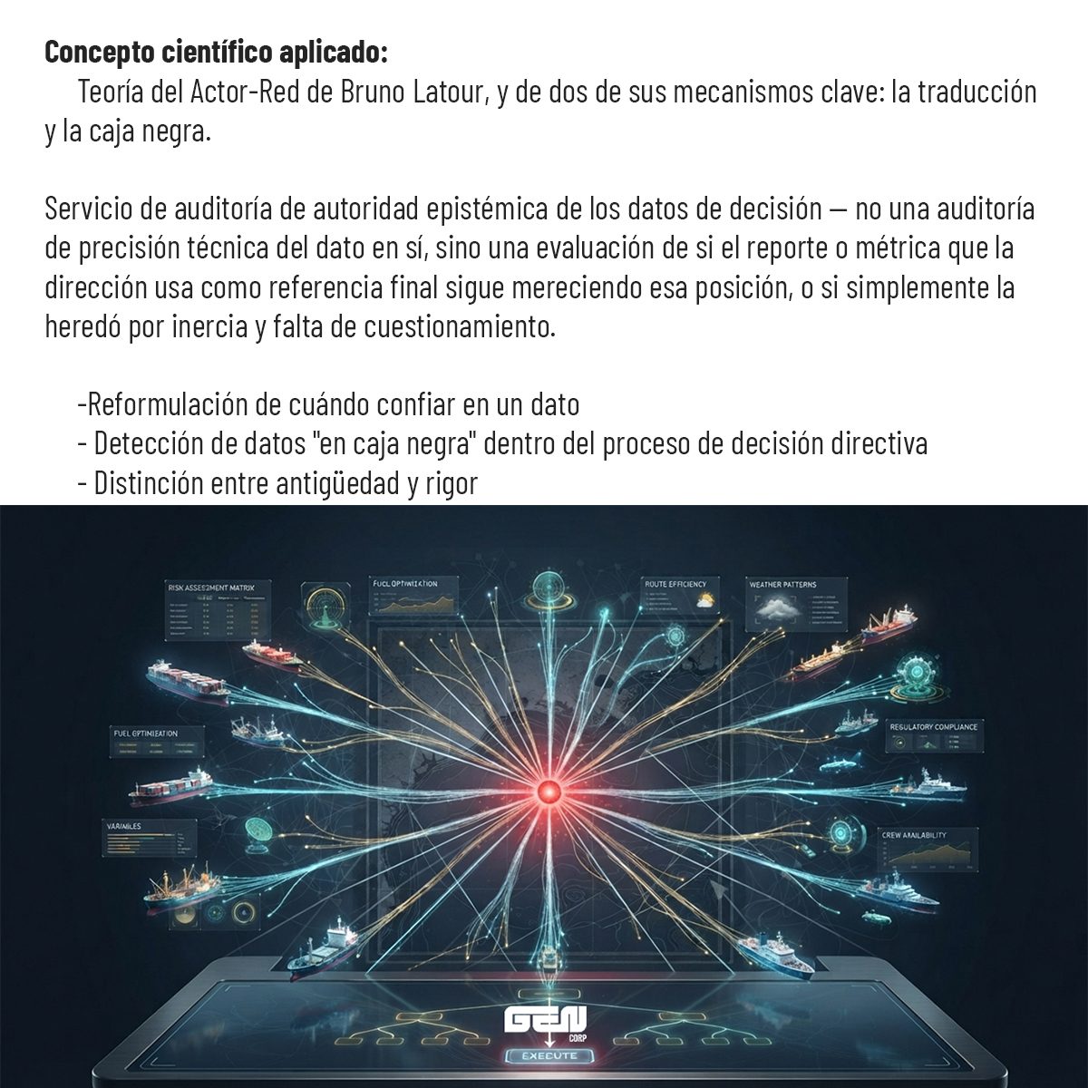 Concepto científico aplicado: teoría del Actor-Red de Bruno Latour y dos de sus mecanismos clave, la traducción y la caja negra. Servicio de auditoría de autoridad epistémica de los datos de decisión: no una auditoría de precisión técnica del dato en sí, sino una evaluación de si el reporte o métrica que la dirección usa como referencia final sigue mereciendo esa posición, o si simplemente la heredó por inercia y falta de cuestionamiento. Incluye reformulación de cuándo confiar en un dato, detección de datos en caja negra dentro del proceso de decisión directiva y distinción entre antigüedad y rigor.